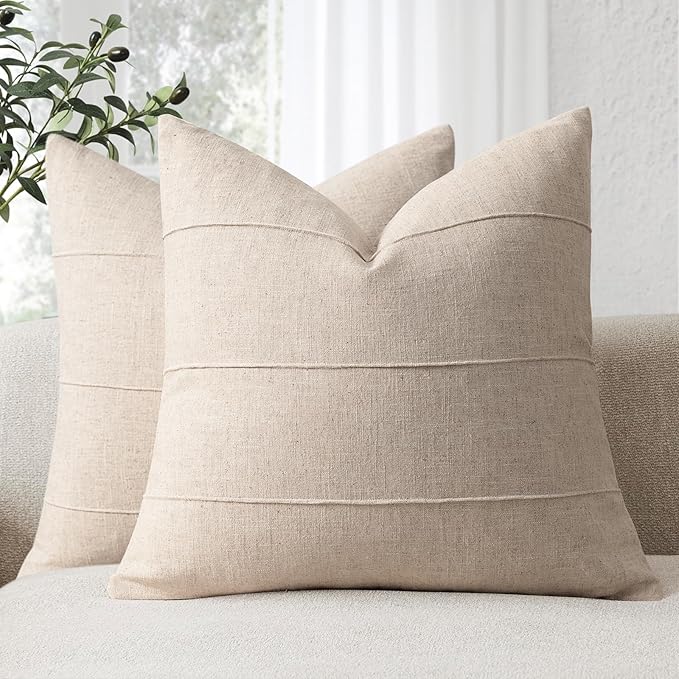 Decorative Linen Throw Pillow Covers 20x20 Set of 2 Solid handcrafted Striped Cushion Covers for Bed Soft Modern Farmhouse Neutral Pillowcase for Couch Bedroom Living Room Home Decor(Natural Beige)