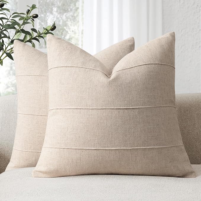 Decorative Linen Throw Pillow Covers 22x22 Set of 2 Solid handcrafted Striped Throw Pillows for Bed Soft Modern Farmhouse Neutral Pillowcase for Couch Bedroom Living Room Home Decor(Natural Beige)