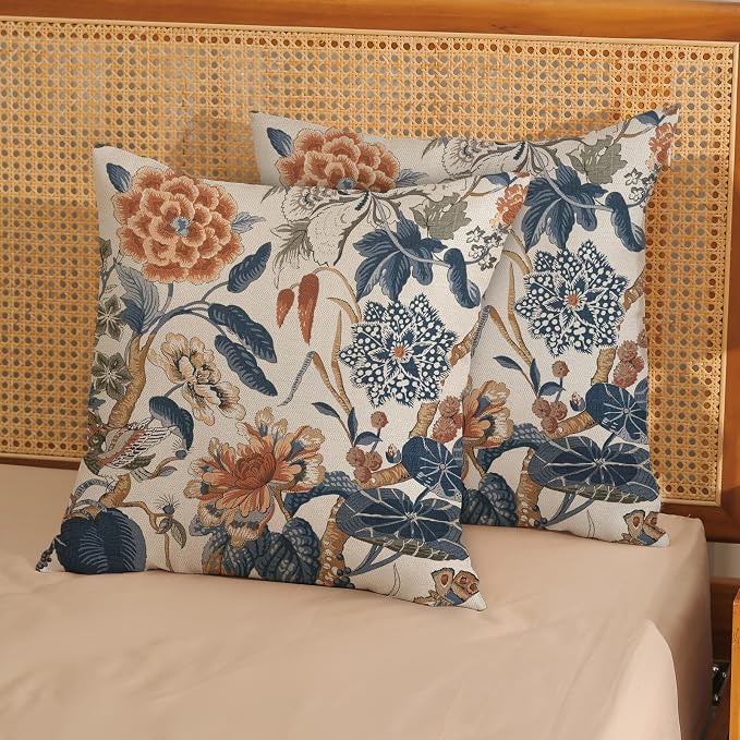 Navy Blue Orange Pillow Covers 16x16 Inch Set of 2 Vintage Blue Floral Throw Pillows Chinoiserie Flower Decorative Pillow Case Outdoor Linen Farmhouse Cushion Cover for Couch Sofa Decorations