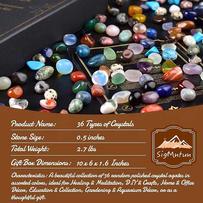 36 Varieties Healing Crystals Stones Bulk Set, Christmas Gifts - 2.5 lbs, 0.5" Natural Polished & Tumbled Gemstones Collection and Decorative Rocks for Chakra, Meditation, Reiki, Crafts