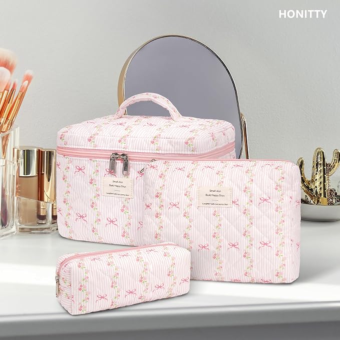 honitty Makeup Bag,Quilted Cosmetic Bags,Large Floral Make Up Organize bag,Makeup Bag Set for Women,Flower Travel Toiletry Bag
