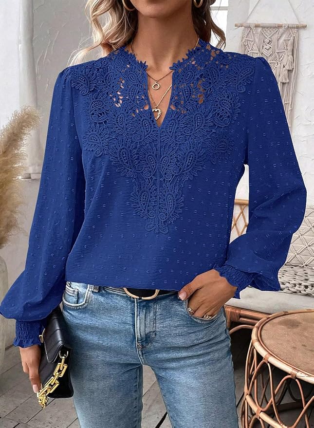 Womens Tops Swiss Dot Boho Long Sleeve Shirts V Neck Casual Chiffon Blouses Flowy Lace Hem Cute Clothing Trendy 2026