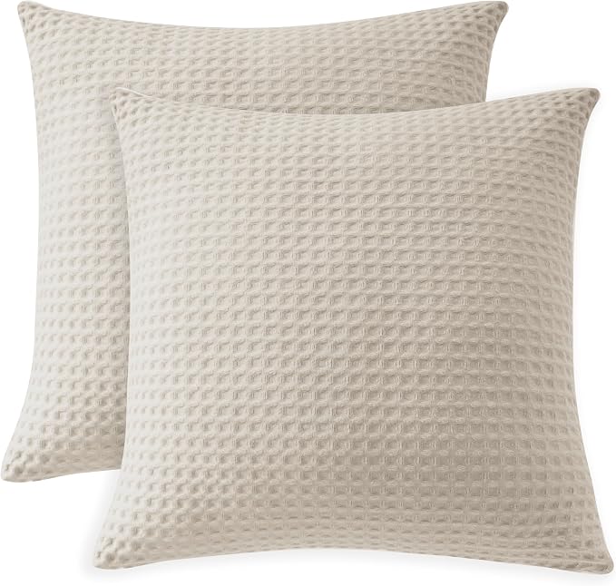 100% Egyptian Cotton 600 TC Waffle Weave Throw Pillow Covers 2 Pack | Ultra Soft Breathable Euro Pillow Shams Covers, Decorative Cushion Covers for Bed Couch Sofa Car, Beige, 26" x 26"