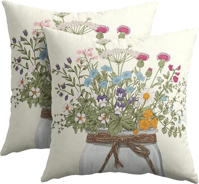 Kawani Wildflower Throw Pillow Covers 18x18 Inch Set of 2 Botanical Plants Leaves Floral Mason Jar Farmhouse Pillowcase Cotton Linen Square Cushion Case for Home Sofa Couch Outdoor