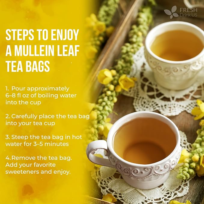 FreshDrinkUS, Premium 40 Mullein Leaf Tea Bags For Lung, 100% Natural & Pure from Mullein Leaves. Loose Leaf Mullein Herbal Tea. Made with Natural Material Tea Bags. No Sugar, No Caffeine, No Gluten, Vegan.