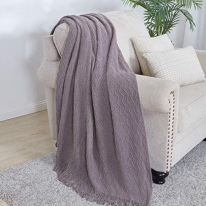 BOURINA Dark Lavender Throw Blanket 50x90 Inch Knit Soft Throw Bed Blanket | Knitted Throw Blanket 50x90 Inches, Soft Lightweight Boho Weave Throw Decorative Couch Blanket for Living Room Bed Runner