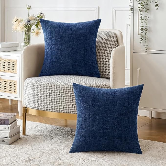 MIULEE Soft Chenille Throw Pillow Covers Navy Blue 16x16 Inch Pack of 2 | Modern Coastal Home Decor, Classic Decorative Pillows, Solid Dyed Cases, Boho Couch Cushion Covers for Sofa Bed Living Room