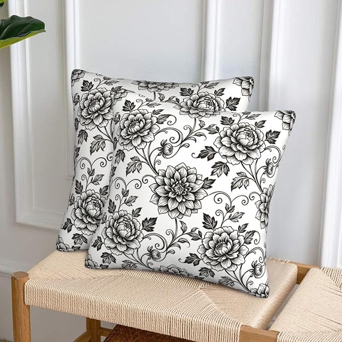 Black White Toile Throw Pillow Covers 18x18 Set of 2 Vintage Floral Decorative Farmhouse Pillow Cases for Couch Home Deco