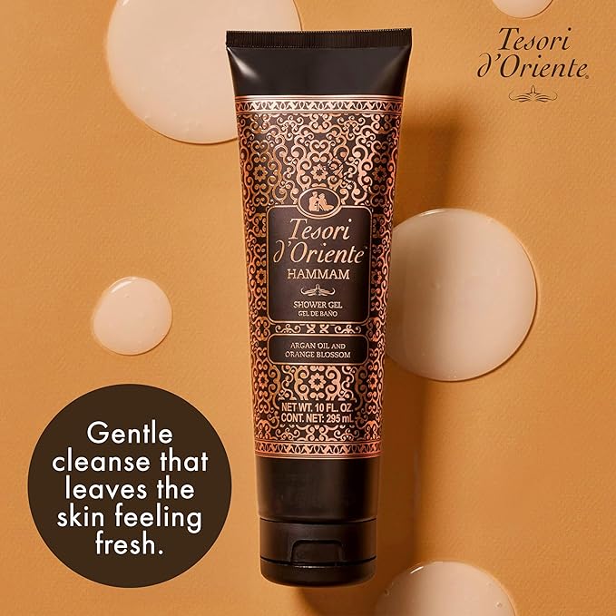 Tesori d’Oriente Hammam Shower Gel, 10 fl oz, Gentle, Hydrating Body Wash with Argan Oil & Vitamin E, Warm Orange Blossom Scented, No Silicones, Parabens & Mineral Oil