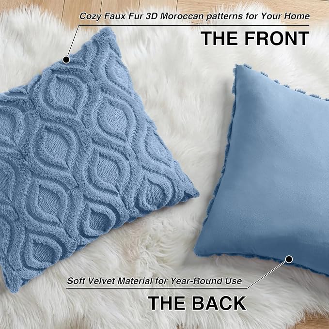 decorUhome Faux Fur Plush Soft Blue Throw Pillow Covers 24x24 Set of 2 | Wool Solid Fall Couch Pillow Covers, Accent Modern Farmhouse Neutral Decorative Square Pillow Cases for Sofa Bed Living Room