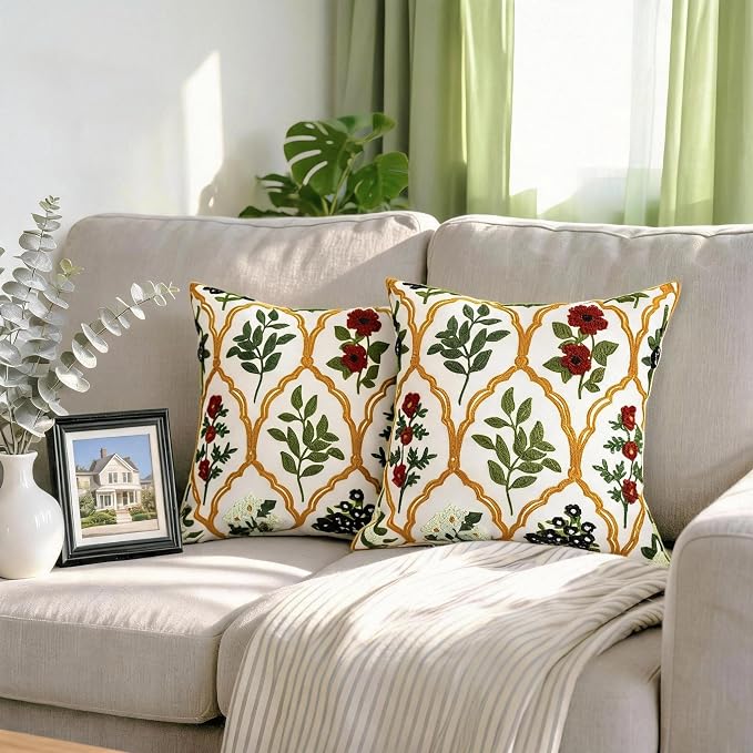 Alysheer Spring Summer Floral Embroidered Decorative Throw Pillow Cover 18"x 18" Set of 2, Red Black Flower Embroidery Patterned Multicolor Cushion Case for Sofa Couch Living Room Bedroom Outdoor