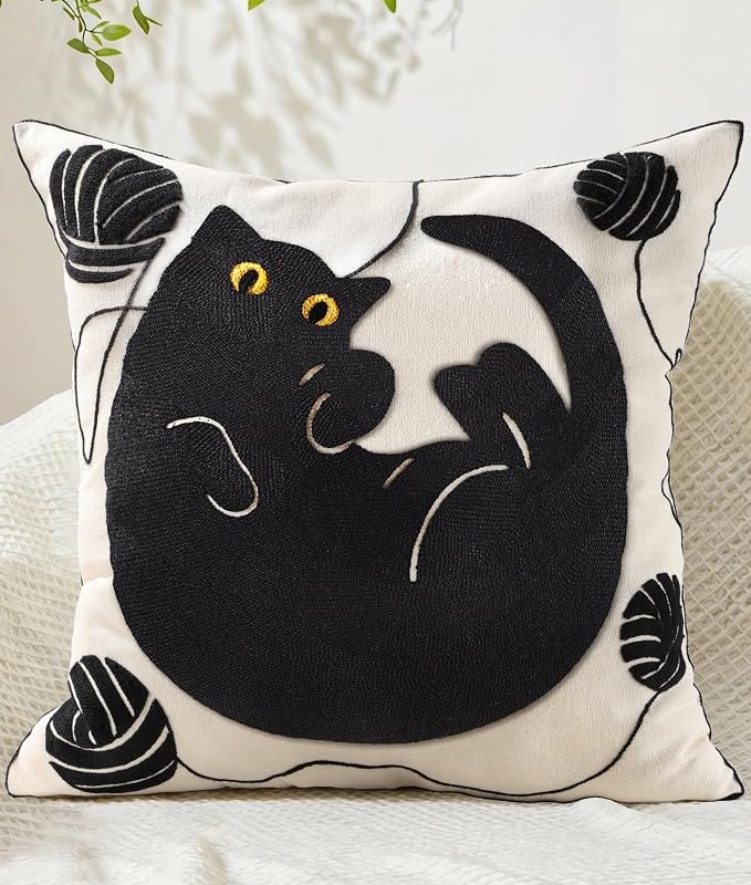 Animal Embroidered Throw Pillow Cover 18x18 Inch, Black Cat Yarn | Decorative Pillow Cover, Country Cushion Cases with Hidden Zipper, Farmhouse Decor for Couch, Sofa, Living Room, Bed