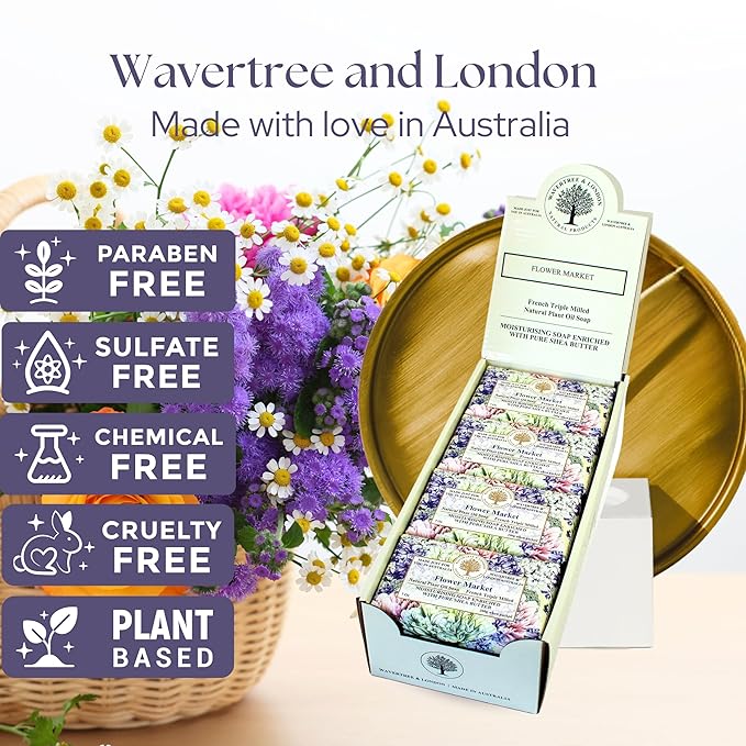Wavertree & London Flower Market Scented Natural Soap (8 Bars), 7oz Moisturizing French Triple Milled Soap Bars enriched with shea butter - Pure Plant Oil Bath & Body Bars for All Skin Types