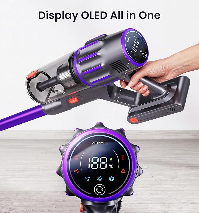 90Mins Cordless Vacuum Cleaner,Upgraded 650W 55KPA Cordless Stick Vacuum with Smart Display,1.8L Cup,V-Shaped Anti-Tangle Brush,Wall Mount Charging,Self-Standing Vacuum Cleaners for Home,Floor,Carpet