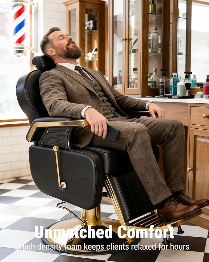 Barber Salon Chair for Hair Stylist, Reclining Chairs with Heavy Duty Hydraulic Pump, Styling Chair for Barbershop Spa Salon Home Studio (Black & Gold)