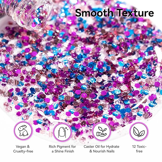 Confetti Nail Polish, Purple Blue Rose Gold Glitter Sparkle Nail Polishes with Hexagon Glitter, Rich in Castor Oil, Air Dry No Need U/V Lamp, Iridescent Geometric Nails Art Home DIY Gift