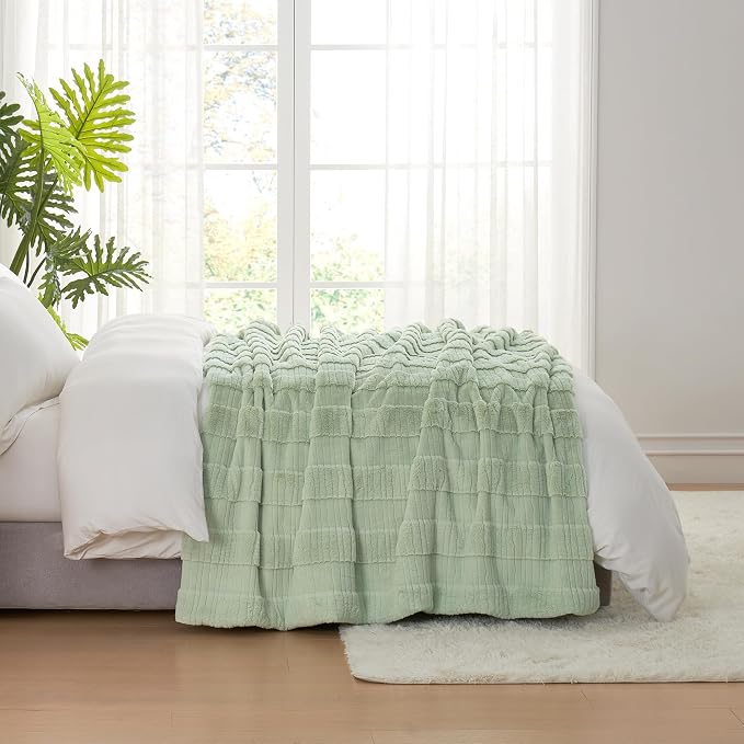 Luxury Striped Faux Fur Throw Blanket for Bed Queen Size, Soft Cozy Fuzzy Fluffy Plush Gift Blankets for Women, 88"x90", Sage Green