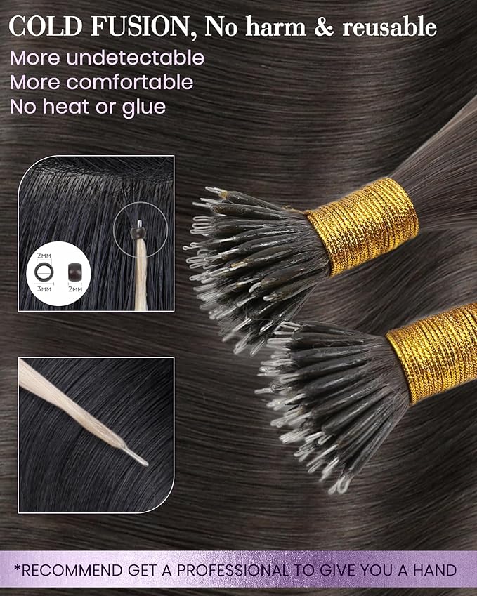 LaaVoo Nano Ring Hair Extensions Human Hair Mocha Brown Nano Extensions Human Hair Brown Nano Bead Hair Extension Silky Straight Hair 16 inch 50g 50s