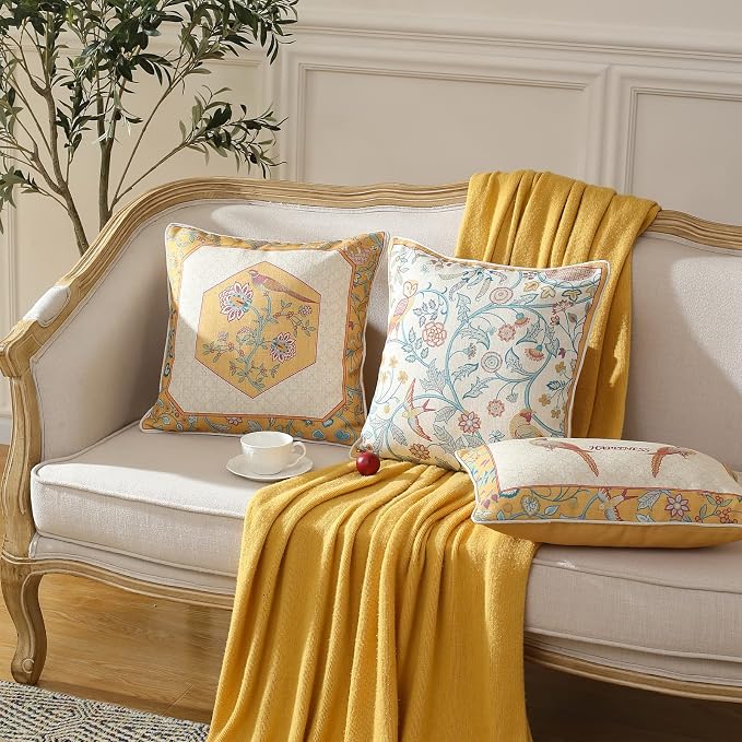 patdrea French Linen Throw Pillow Cover,18"x18",Set of 2-Magnolia A | Vintage Decorative Pillow Case with Zipper,Yellow Floral Pattern,Cushion Coverfor Couch Living Room Bedroom Sofa