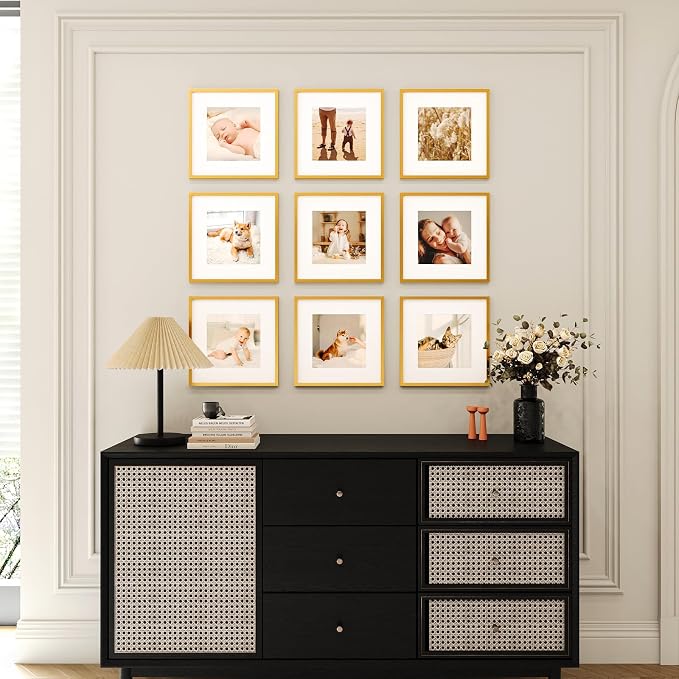 12x12 Picture Frame Set of 9, Display Pictures 8x8 with Mat or 12x12 without Mat, Multi Collage Gallery Square Photo Frames for Wall or Tabletop, Gold