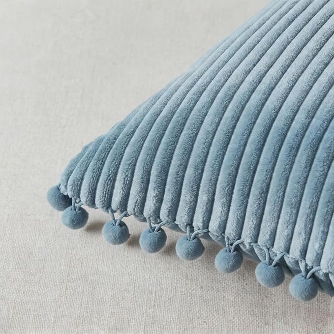 Fancy Homi Set of 2 Light Blue Euro Decorative Throw Pillow Covers 26x26 Inch with Pom-poms, Boho Soft Corduroy Solid Square Baby Blue Cushion Case for Couch Sofa Bedroom Car Living Room 66x66 cm
