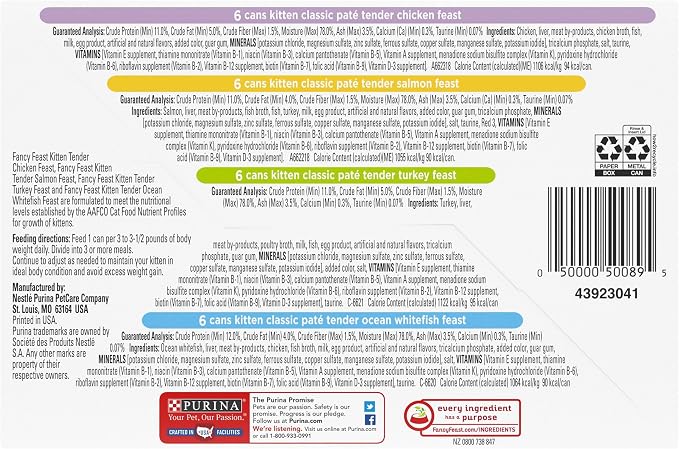 Fancy Feast Purina Tender Ocean Whitefish,Turkey,Chicken and Salmon Feasts Wet Kitten Food Variety Pack - 3 oz. Boxes,(Pack of 48)