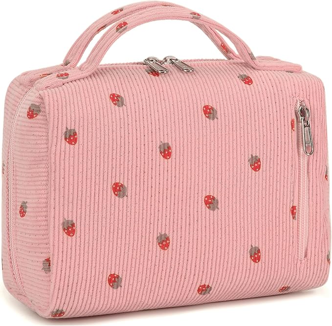 Bluboon Makeup Bag Zipper Pouch Travel Portable Cosmetic Bag Organizer for Women and Girls(Corduroy Pink Strawberry)