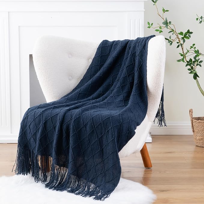 BATTILO HOME Navy Throw Blanket for Couch, Decorative Navy Blue Throw Blanket for Sofa Bed Room Decor, 50"x60" | Decorative Dark Blue Throw Blanket for Sofa Bed Room Decor, Knit Throw Blanket for Home Decor