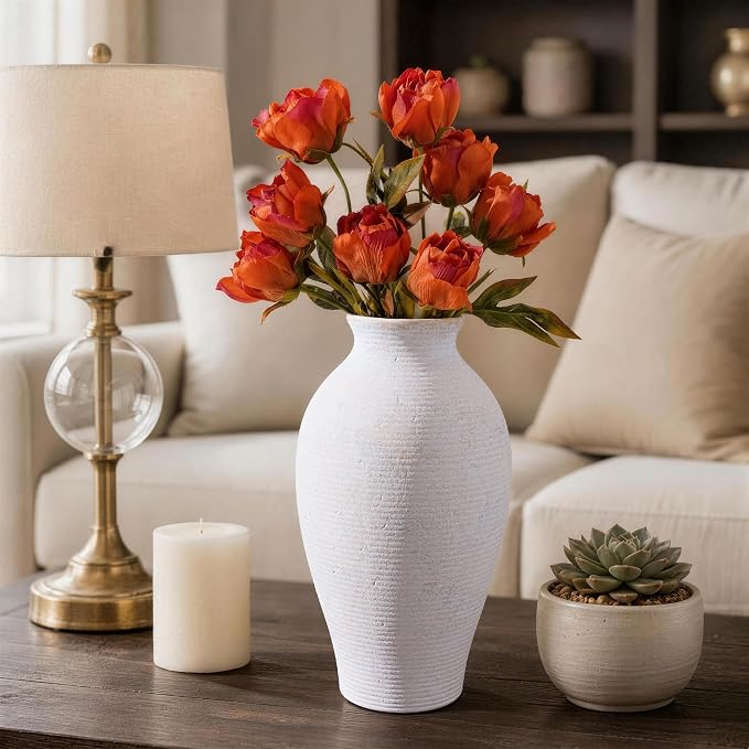 Ceramic Flower Vase Home Decor, 11 in Farmhouse Table White Vases Rustic Vintage Living Room Kitchen Bedroom Decorations Pottery Decorative Vases for House Shelf Office Coffee Desk Dining Fireplace