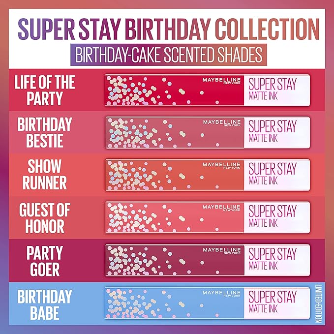 MAYBELLINE New York Super Stay Matte Ink Liquid Lipstick, Transfer Proof, Long Lasting, Limited Edition Birthday Bestie Cake Scented Shades, 0.17 Fl Oz
