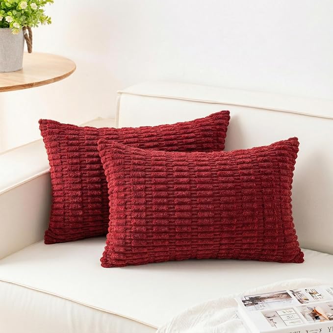 Pack of 2 Corduroy Decorative Throw Pillow Covers 12x24 Inch, Wine Red | Fall Soft Striped Pillow Covers Modern Farmhouse Home Decor Christmas Throw Pillow Covers for Sofa Living Room Couch Bed