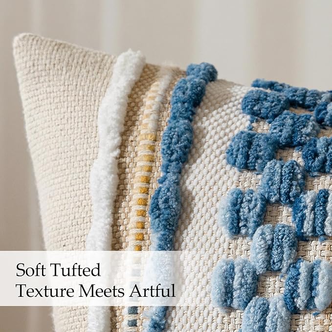 ANRODUO Boho Decorative Throw Pillow Covers Sky Blue Stripe 18x18 Pack of 2 | Throw Pillow Covers, Farmhouse Cushion Case, Chenille Pillow Cases, Coastal throw pillows, Neutral Pillowcase for Couch Bed