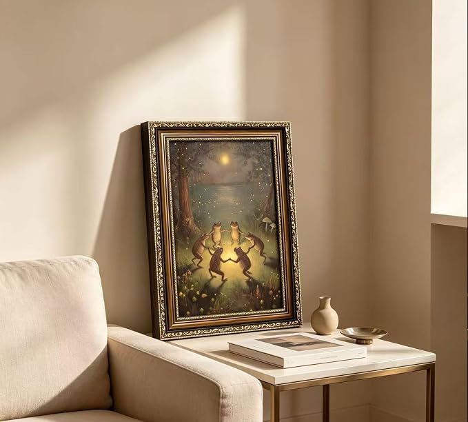 Vintage Gold Framed Celestial Wall Art, Moody Moon and Stars Gothic Painting Canvas Print, Dark Academia Wall Decor,Mystical Celestial Poster Artwork, for Living Room Bedroom Bathroom