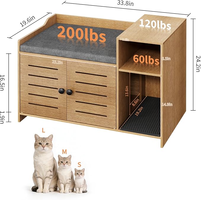 Cat Litter Box Enclosure Furniture, Large Hidden Litter Box Cabinet with Double Door, End Table Cat House with Storage Shelf, Modern Pet Furniture for Living Room, Oak