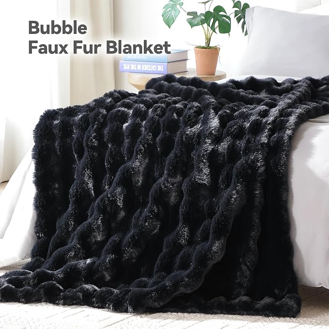 Faux Rabbit Fur Throw for Couch - Black Bubble Blanket 50"x60" | Fluffy Plush Fuzzy Throw for Sofa & Bed, Super Soft Cozy Comfrt Blanket, Luxury Aesthetic Black Decor Gift for Women
