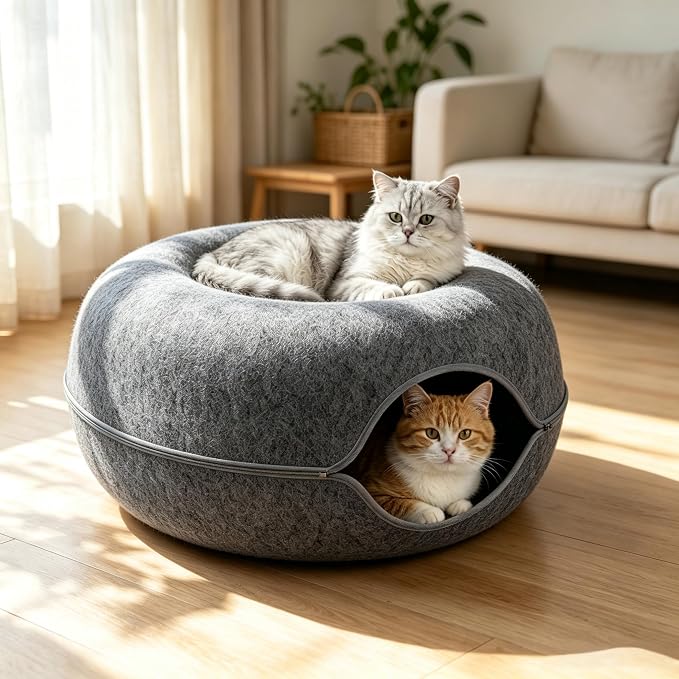 Cat Caves for Indoor Cats, Large Cat Tunnel for Multiple & Large Cats, Scratch Detachable Cave Bed, Kitten Donut Kitty Hideaway Up to 45 Lbs (Dark Grey, Jumbo, 2 Pack)