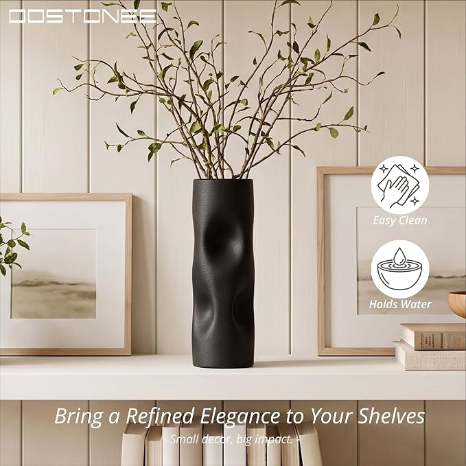 11 Inch Black Matte Ceramic Vase – Tall Flower Vase, Modern Geometric Decorative Accent for Living Room, Shelf, or Coffee Table