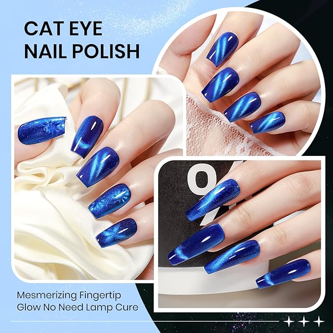 Blue Magnetic Nail Lacquer, Quick Dry Cat Eye Nail Polish Non Gel Fingernail DIY Manicure For Women Girls 16ml/0.54 oz
