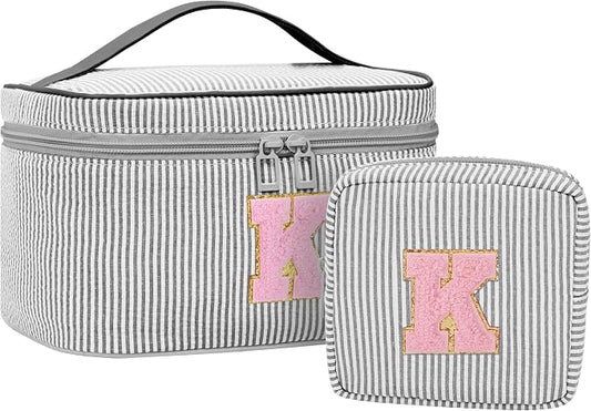MONSTINA Initial Makeup Bag with Brush Holder for Women,Make Up Case for Girlfriend Bridesmaid Wife|Personalized Birthday Gift for Her Cute Toiletry Bag,2PCS,Black K