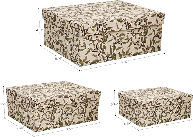 3-Piece Decorative Storage Boxes with Lids, Botanical Leaf & Butterfly Design, Vintage-Inspired Paperboard Keepsake Box Set for Photos, Memories & Decorative Storage