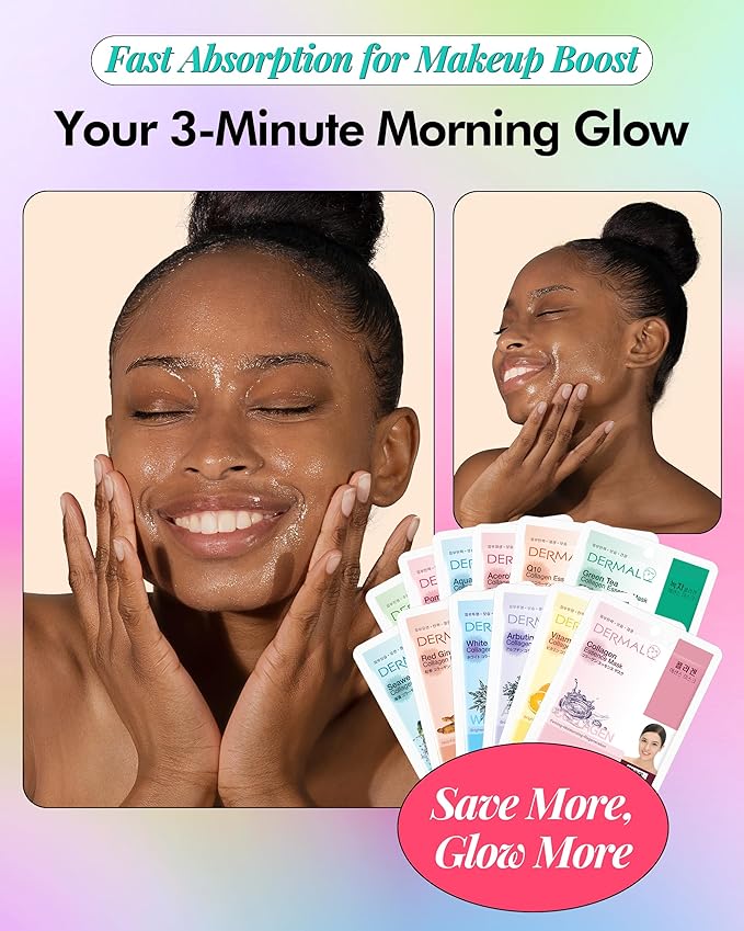 DERMAL Collagen Essence Sheet Mask 16 Combo Pack - 16 Days Daily Skin Therapy for Glow - Aloe, Snail, Vitamin Variety Gift Set - K-Beauty
