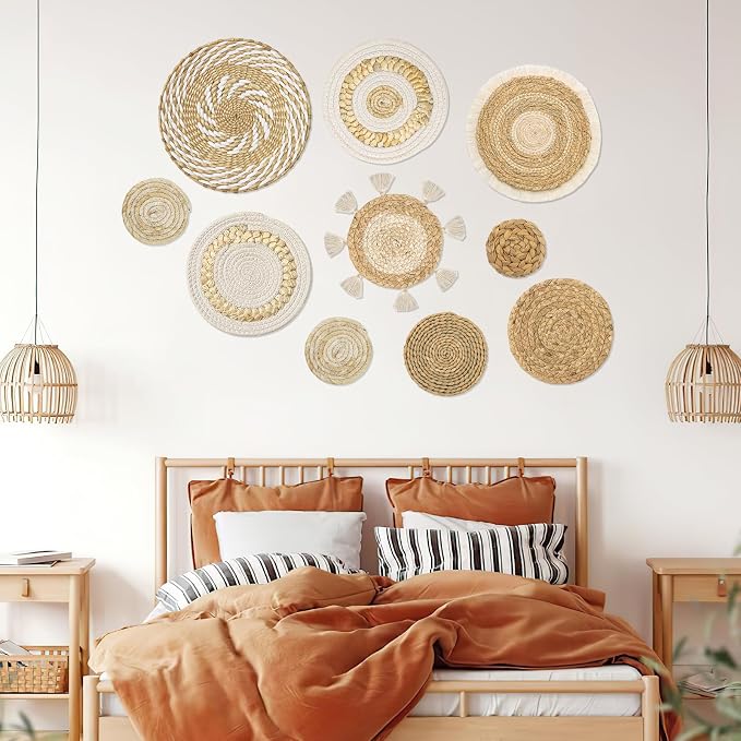 Set of 10 Boho Wall Basket Decor Wicker Woven Wall Basket Decoration | LOMOHOO Bohemian Handcrafted Round Basket Hanging Decor Bulrush Wall Art Decors for Living Room Rustic Home