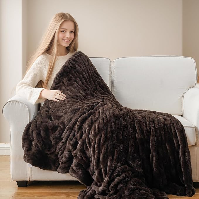 BATTILO Dark Brown Faux Fur Throw Blanket for Bed, Double Side, 60"x80" | Brown Throw Blanket Soft Cozy Warm Minky Blanket, Double Side Reversible Ruched Rabbit Fur Blanket for Living Room