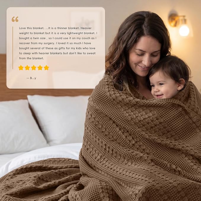 PHF 100% Cotton Waffle Weave Blanket Queen Size, Lightweight Breathable Summer Blanket for Hot Sleepers, Pre-Washed Soft Layer for Bed, Couch, Aesthetic Home Decor & Gift, 90"x90", Chocolate