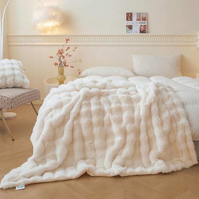 LIFEREVO Luxury Fluffy Faux Rabbit Fur Throw Blanket 50x60, Beige | Plush Shaggy Bubble Blanket for Bed Couch Sofa Office, Decorative Soft Cute Furry Ivory Throw for Kids Teens Adults, Washable