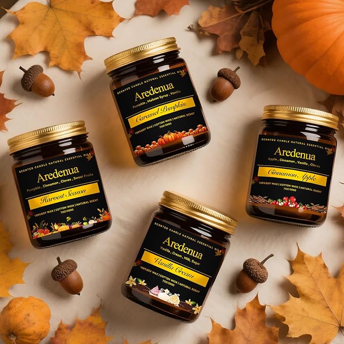 Fall Candles Set – 4 Pack Cozy Autumn Seasonal Candles Gift - Caramel Pumpkin, Cinnamon Apple, Harvest Season & Vanilla Cream, 28oz Soy Candles for Christmas Cozy Winter Gifting