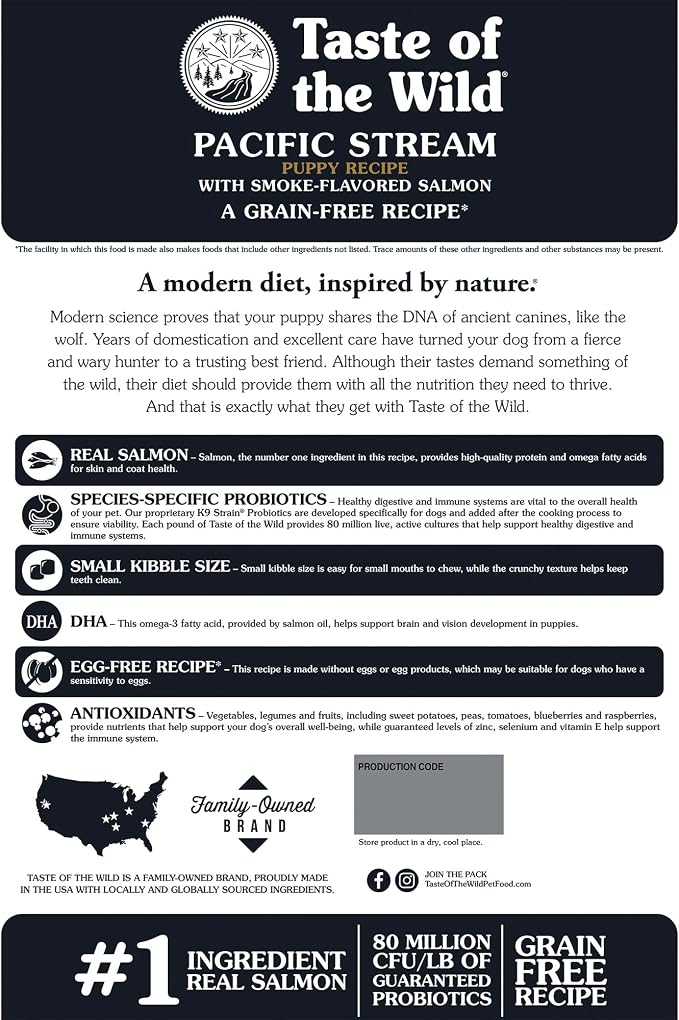 Taste of the Wild Pacific Stream Puppy Dry Dog Food, Salmon, 14lb | Puppy, Adult & Senior Dogs | Grain Free Recipe* | Nutrient Dense to Help Support Peak Health | Guaranteed DHA & Probiotics
