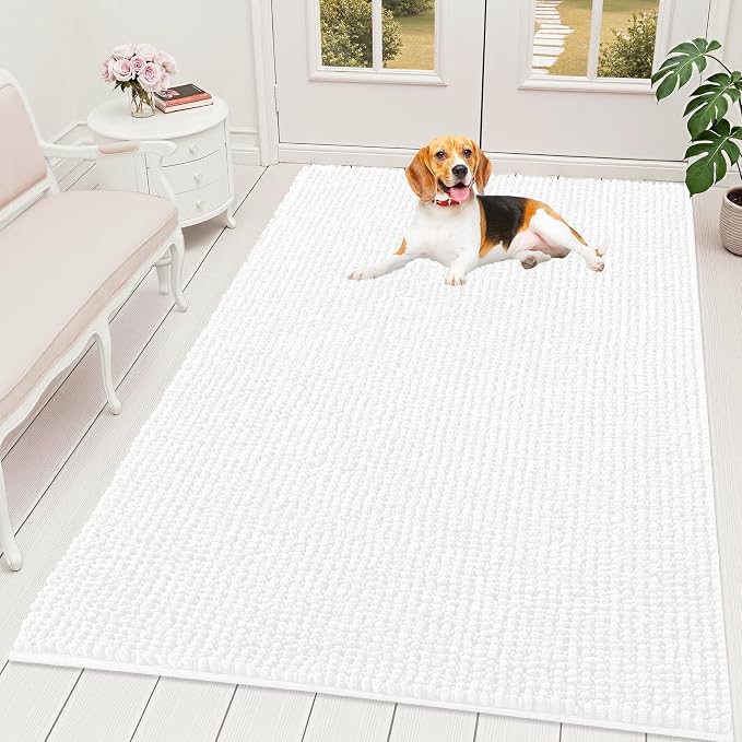 OLANLY Dog Door Mat for Muddy Paws 70x46, Extra Absorbent Chenille Mud Mat | White, Absorbs Moisture and Dirt, Non-Slip Machine Washable Doormat, Quick-Drying Indoor Entryway Floor Mat for Dogs
