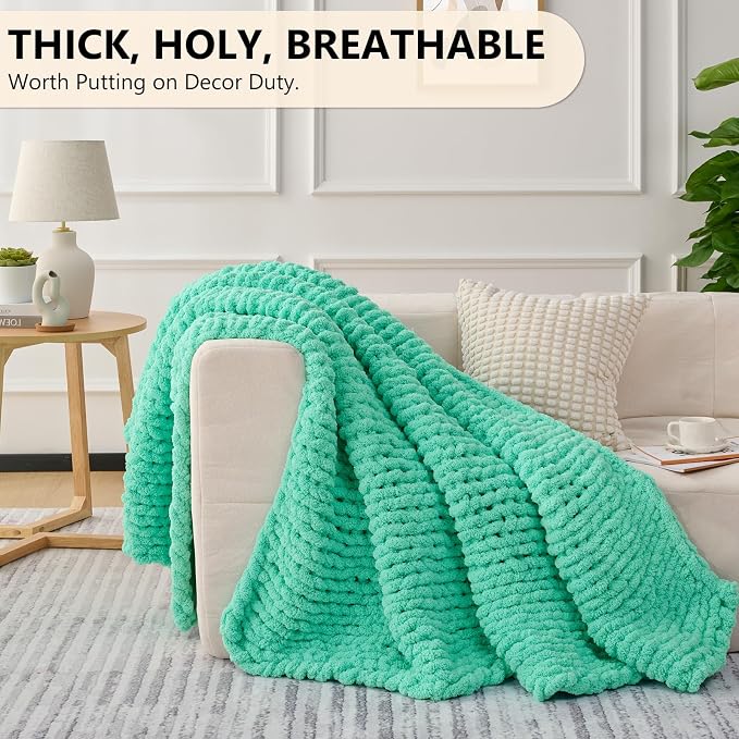L'AGRATY Chunky Knit Throw Blanket for Couch, 50'' x 60'' Knit Throw, Aqua | Handmade Chenille Crochet Blanket for Sofa Bed, Thick Cable Knitted Blankets for Room Home Decor, Birthday Gift for Women Mom