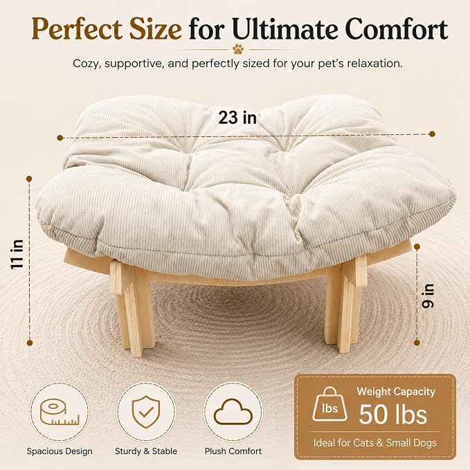 Elevated Cat Bed, Wooden Pet Sofa with Washable Cushion (Square / Beige) | Soft Beds with Extra Filling prevent flattening, Stable Wooden Frame Couch supports 50 lbs for Indoor Cats, Kitty & Puppy.